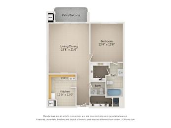 1 Bedroom 1.5 bath 1,070-to1,100 Sq. Ft. Type B & C Floor Plan at Atrium in The Village, Beachwood, OH 44122