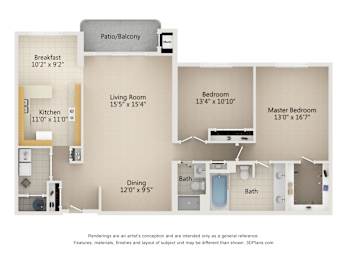 2 Bedroom 2 Bath 1,640 Sq. Ft. Type C Floor Plan at Atrium in The Village, Beachwood, 44122