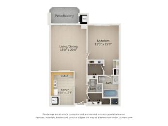 1 Bedroom 1.5 Bath 940 Sq. Ft. Type A Floor plan at Atrium in The Village, Ohio, 44122