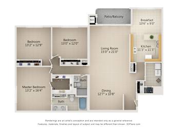 3 Bedroom 2 Bath 1,825 Sq. Ft. Type A Floor Plan at Atrium in The Village, Ohio
