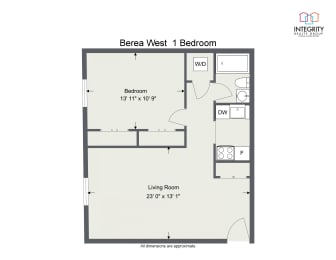 1 Bedroom - 2D670 Sq. Ft Floor Plan at Integrity Berea Apartments, Integrity Realty LLC, Berea, Ohio