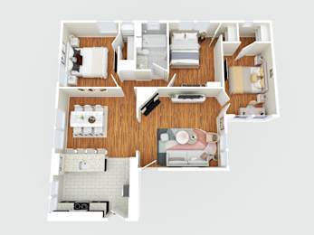 A floor plan of an apartment with a kitchen, living room, and three bedrooms.