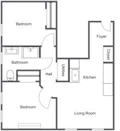 A floor plan of a living space with a bedroom, bathroom, kitchen, and foyer.