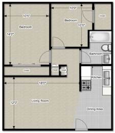 2 Bedroom 1 Bath Deluxe 700 Sq. Ft Floor Plan at Jordan Court Apartments, Integrity Realty, Kent, 44240