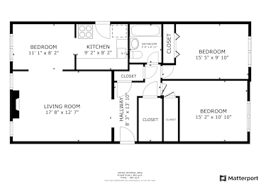 2 Bedroom 1 Bath 944 Sq. Ft. Floor Plan at Heights Collection Apartments, Cleveland Heights, OH