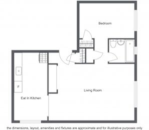 A floor plan of a living room with a bedroom and a kitchen area.
