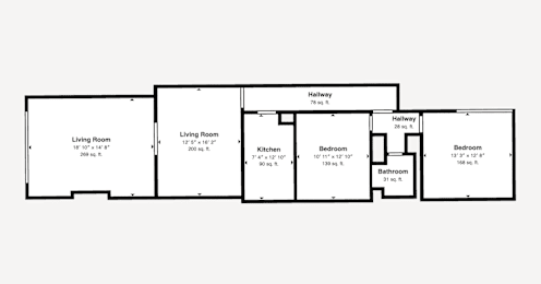A floor plan of a house with two living rooms, two kitchens, two bathrooms, and four bedrooms.