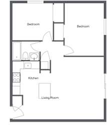 A floor plan of a small apartment with a kitchen, living room, and two bedrooms.