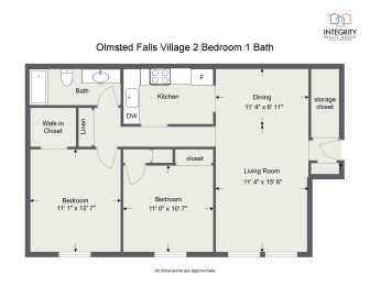 2 Bedroom 1 Bath 1000 Sq. Ft Floor Plan at Integrity Berea Apartments, Integrity Realty LLC, Berea, OH, 44017