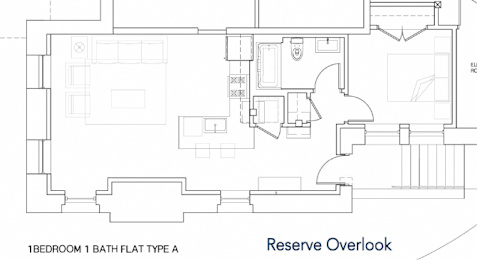 A floor plan of a 1 bedroom 1 bath flat type A.