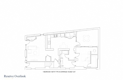 A floor plan of a 1 bedroom 1 bathroom type C carriage house.