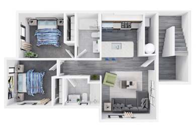 A modern apartment layout with a kitchen, living room, and bedroom.