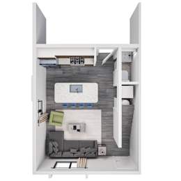 A 3D floor plan of a small apartment with a kitchen, living room, and bedroom.