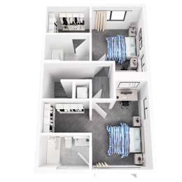 A series of images showing different views of a small, modern apartment.