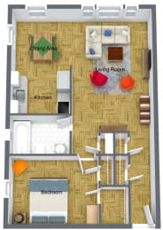 a 3D floor plan of a 1 bedroom 1 bath apartment