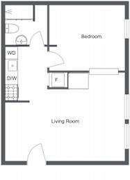 A floor plan of a room with a bedroom and living room.