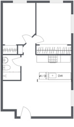 A floor plan of a house with a kitchen, living room, and bathroom.