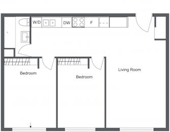 A floor plan of a living space with two bedrooms.