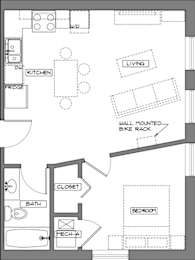 A floor plan of a house with a kitchen, living room, and bedrooms.