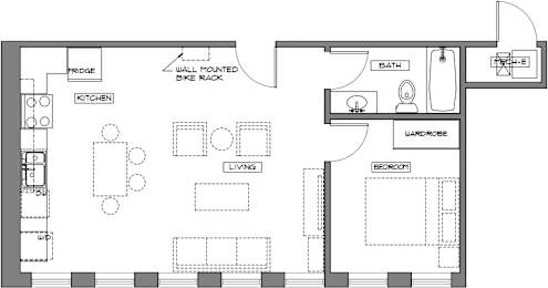 A floor plan of a house with a kitchen, living room, bedroom, and bathroom.