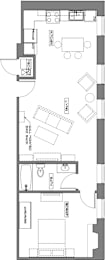 A floor plan of a house with a kitchen, living room, and dining area.