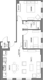 A floor plan of a house with a kitchen, living room, and bathrooms.