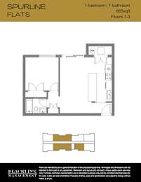 A floor plan for a 1-bedroom, 1-bathroom apartment sized at 665 sq ft, spread across three floors.