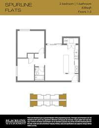 A floor plan for a 2-bedroom, 1-bathroom apartment sized at 838 square feet with 1-3 floors.