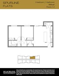 A floor plan for a 2-bedroom, 1-bathroom apartment sized at 888 sq ft with 1-3 floors.