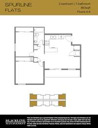 A floor plan for a 2-bedroom, 1-bathroom apartment sized at 863 sq ft with 4-6 floors.