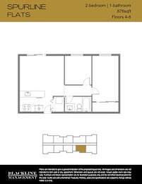 A floor plan for a 2-bedroom, 1-bathroom apartment with 876 square feet and 4-6 floors.