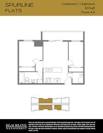 A floor plan for a 2-bedroom, 1-bathroom apartment sized at 637 sq ft with 4-6 floors.