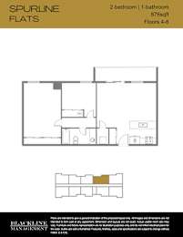 A floor plan for a 2-bedroom, 1-bathroom apartment sized at 876 sq ft with 4-6 floors.