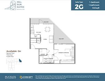A floor plan for a 2G suite with a living room, kitchen, and bathroom.