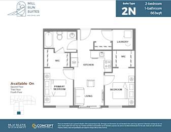 A floor plan for a 2-bedroom, 1-bathroom suite at Mill Run Suites.