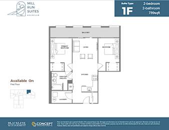A floor plan for a 2-bedroom, 2-bathroom suite at Mill Run Suites.