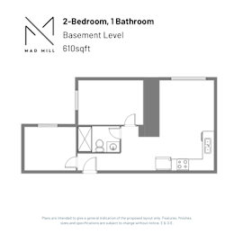 A floor plan for a 2-bedroom, 1 bathroom apartment at Mad Mill.