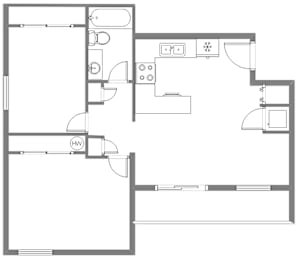 A floor plan of a house with a kitchen, living room, and two bathrooms.