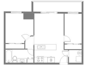 A floor plan of a house with a kitchen, living room, and bathroom.