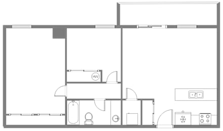 A floor plan of a house with a kitchen, living room, and bathroom.