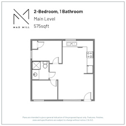 A floor plan for a 2-bedroom, 1 bathroom apartment at Mad Mill.
