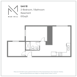 A floor plan for a 2-bedroom, 1 bathroom basement unit that is 610 square feet.