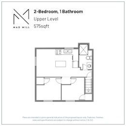 A floor plan for a 2-bedroom, 1 bathroom apartment at Mad Mill.