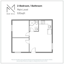 A floor plan for a 2-bedroom, 1 bathroom apartment at Mad Mill.