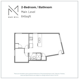A floor plan for a 2-bedroom, 1 bathroom apartment at Mad Mill.