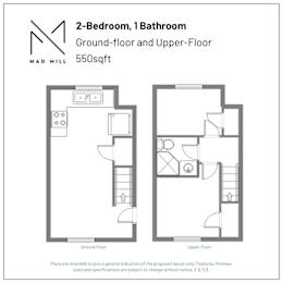 A floor plan for a 2-bedroom, 1 bathroom apartment at Mad Mill.