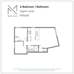 A floor plan for a 2-bedroom, 1 bathroom apartment at Mad Mill.