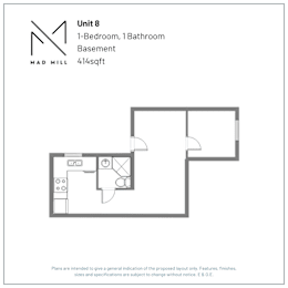 A floor plan for a 1-bedroom, 1-bathroom basement unit that is 41/4 square feet.