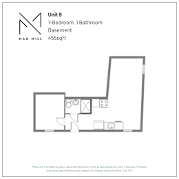 A floor plan for a 1-bedroom, 1-bathroom basement unit at Mad Mill.
