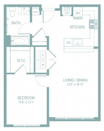 A floor plan of a small apartment with a living room, kitchen, and bedroom.